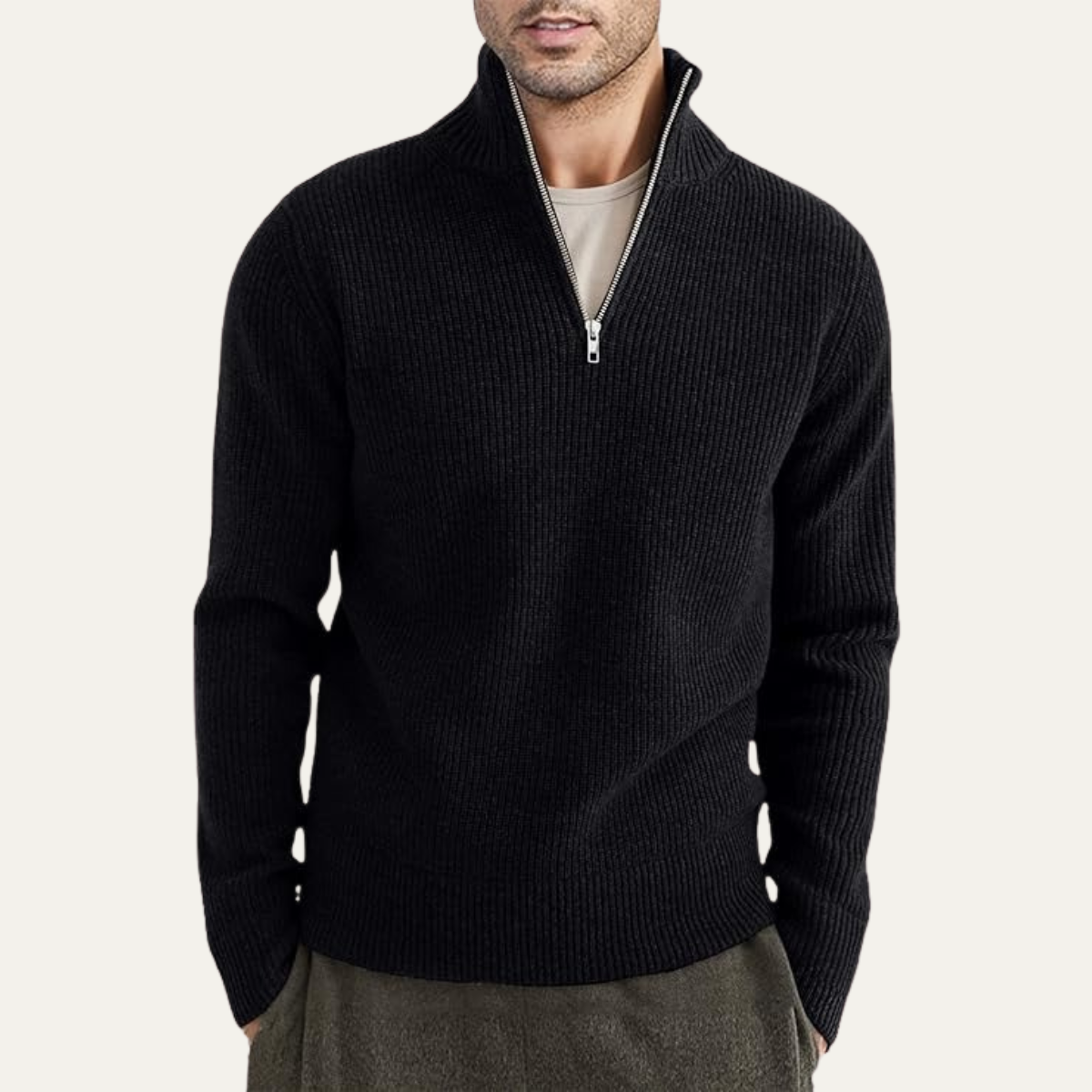 Edinburgh Herrar Mysig Quarter Zip Ribbstickad Casual Tröja