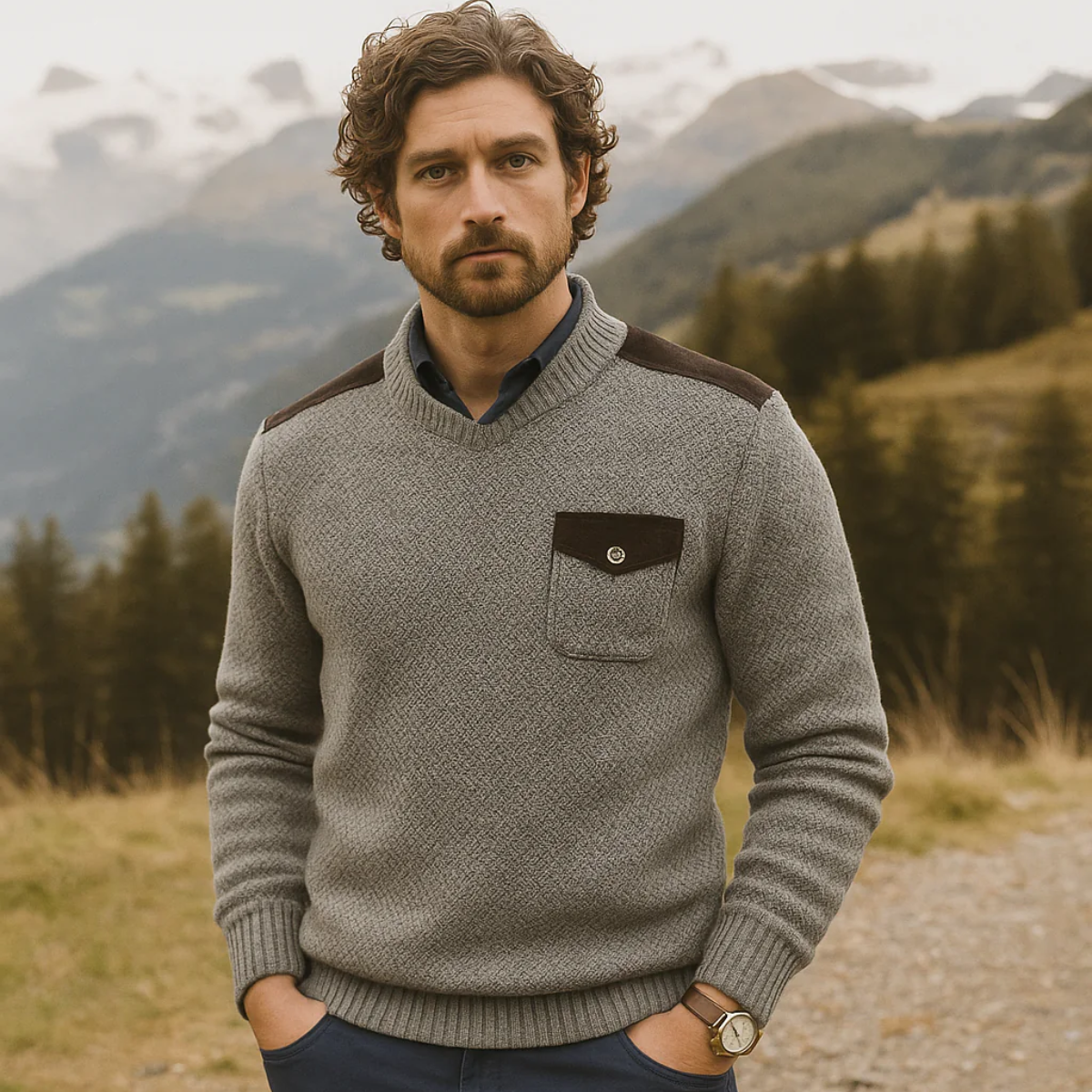 Huvtröja Highland Herrar Luxe Grå Trikå för Höst & Vinter med Elegant Skinnaxelhöjd