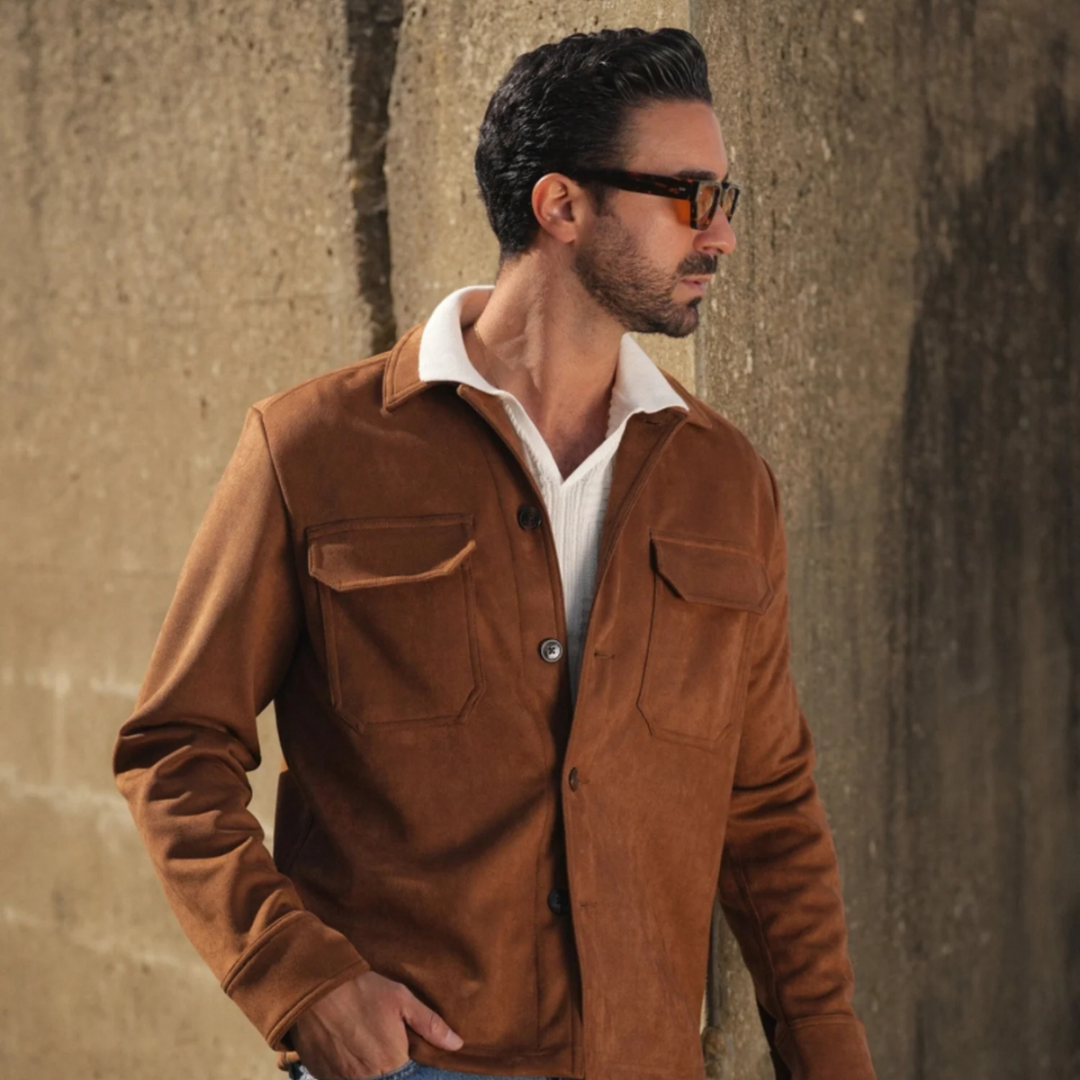 Hyatt Herren Kamelfärgad mocka Overshirt - Slim fit lyxig jacka med fickor