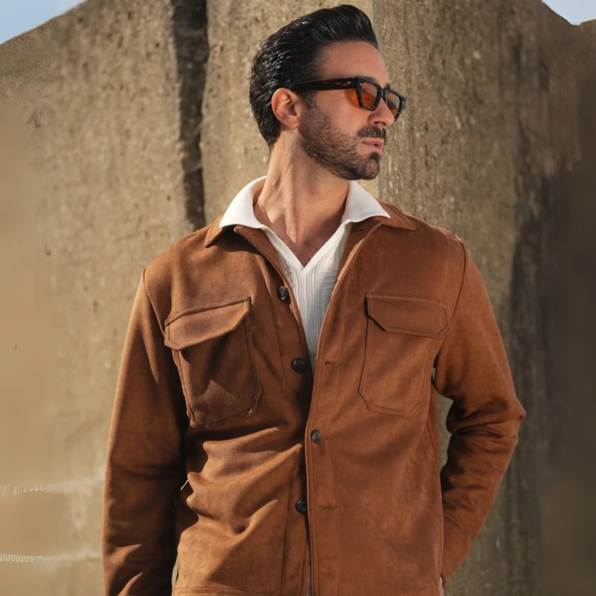 Hyatt Herren Kamelfärgad mocka Overshirt - Slim fit lyxig jacka med fickor