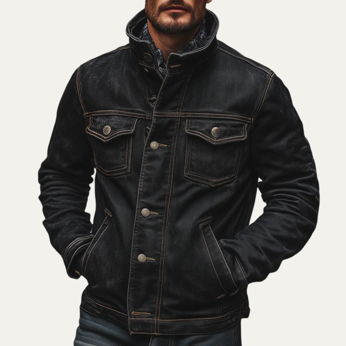Savoy Herrens Svart Denimjacka – Snygg Vintage Tvättad Flera Fickor Trucker för en Klassisk Look