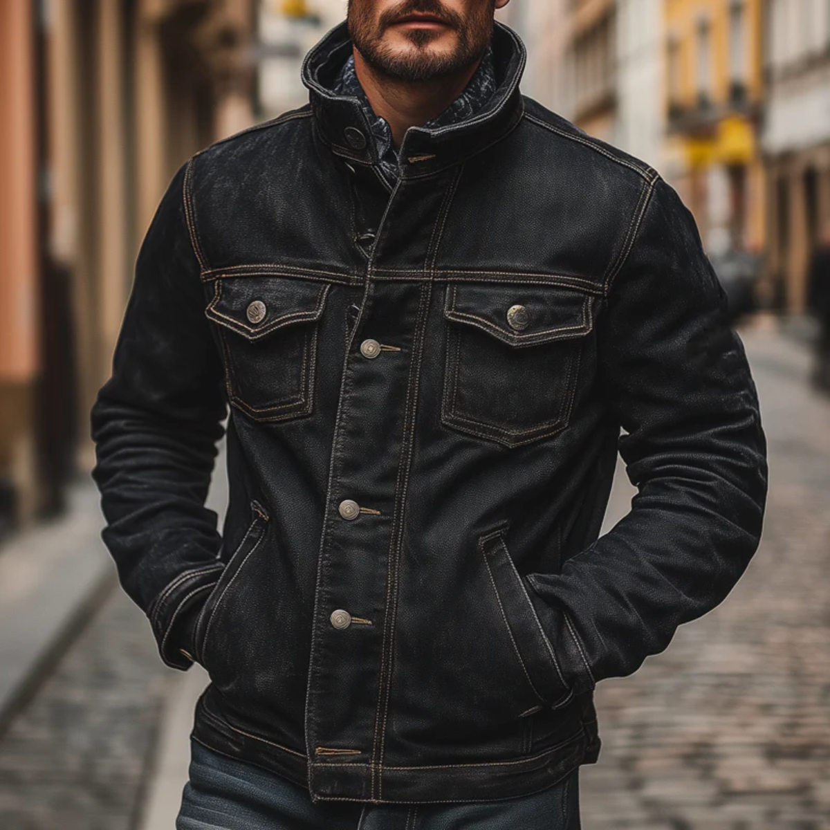Savoy Herrens Svart Denimjacka – Snygg Vintage Tvättad Flera Fickor Trucker för en Klassisk Look