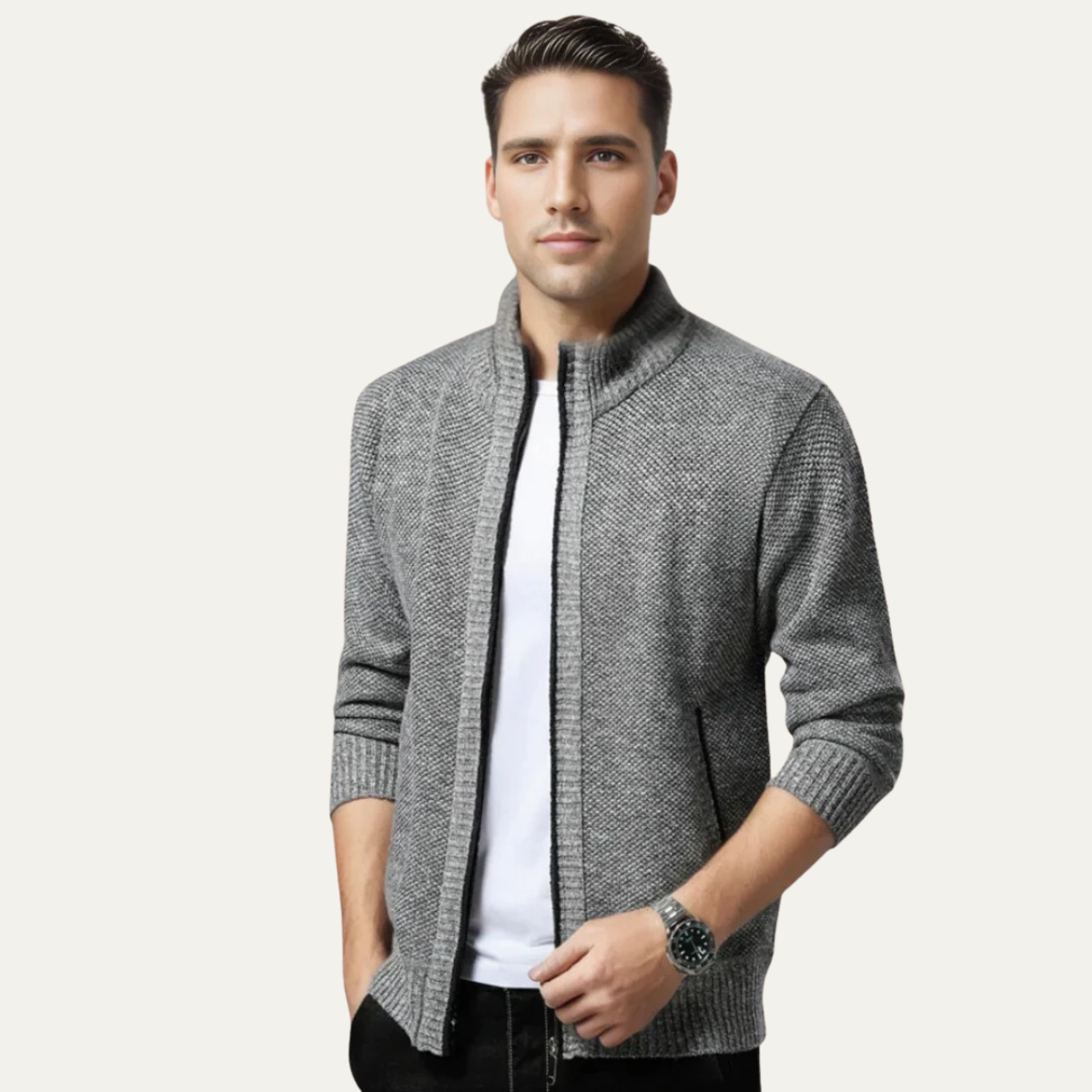 Lyon Herrmodeullig ullcardigan - Hoodie-stickad jacka med dragkedja
