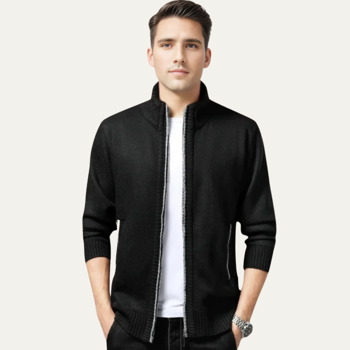 Lyon Herrmodeullig ullcardigan - Hoodie-stickad jacka med dragkedja