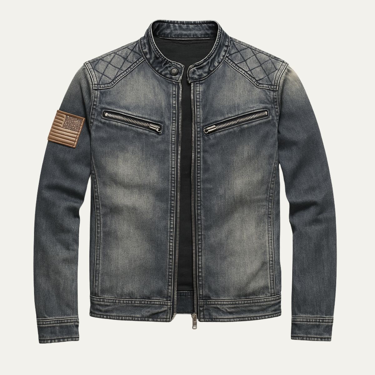 Slim fit denimjacka för herrar med i-hood krage
