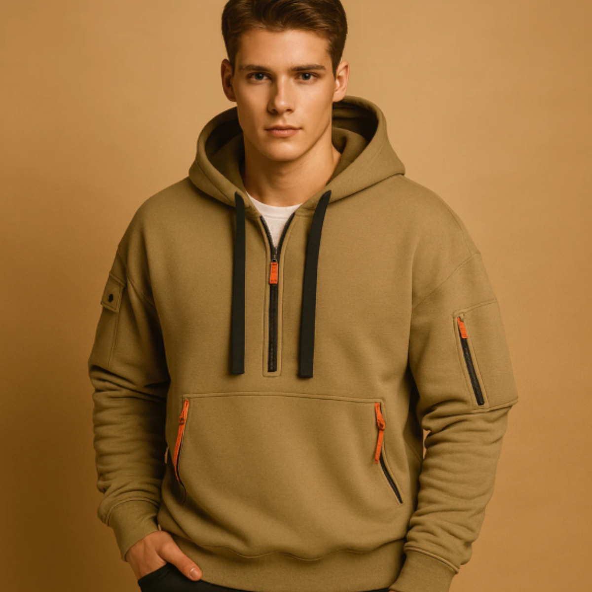 The Ridgefield - Herr Avslappnade Halv Zip Hoodie Tröja med Dragkedjefickor