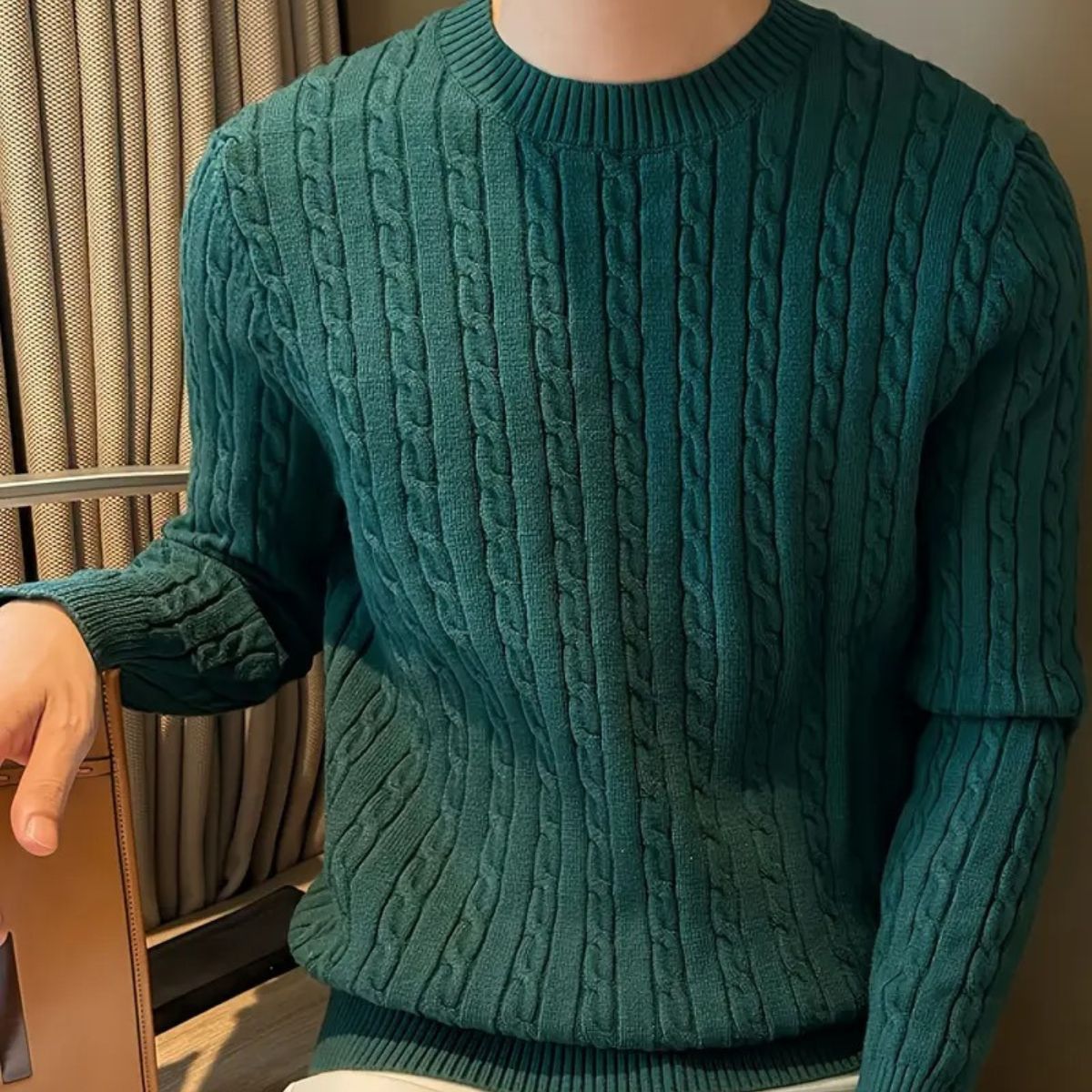 Herrpullover med rund hals i kaschmir och merino - Elegant grönt