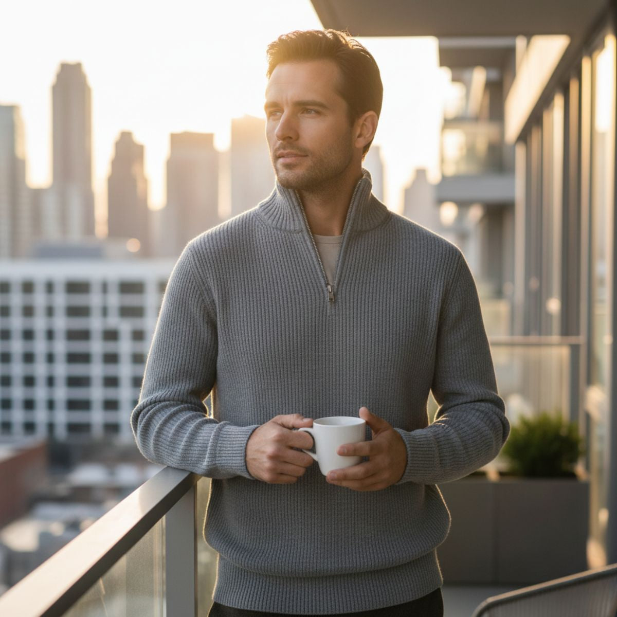 Edinburgh Herrar Mysig Quarter Zip Ribbstickad Casual Tröja