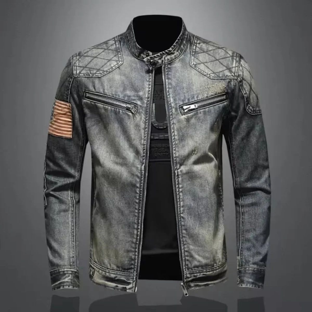 Slim fit denimjacka för herrar med i-hood krage