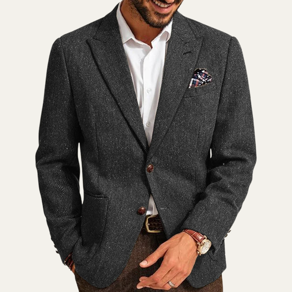 The Domaso - Herrars Affärs Herringbone Enknäppt Ull Tweed Blazer