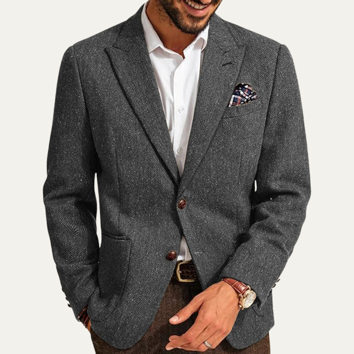 The Domaso - Herrars Affärs Herringbone Enknäppt Ull Tweed Blazer