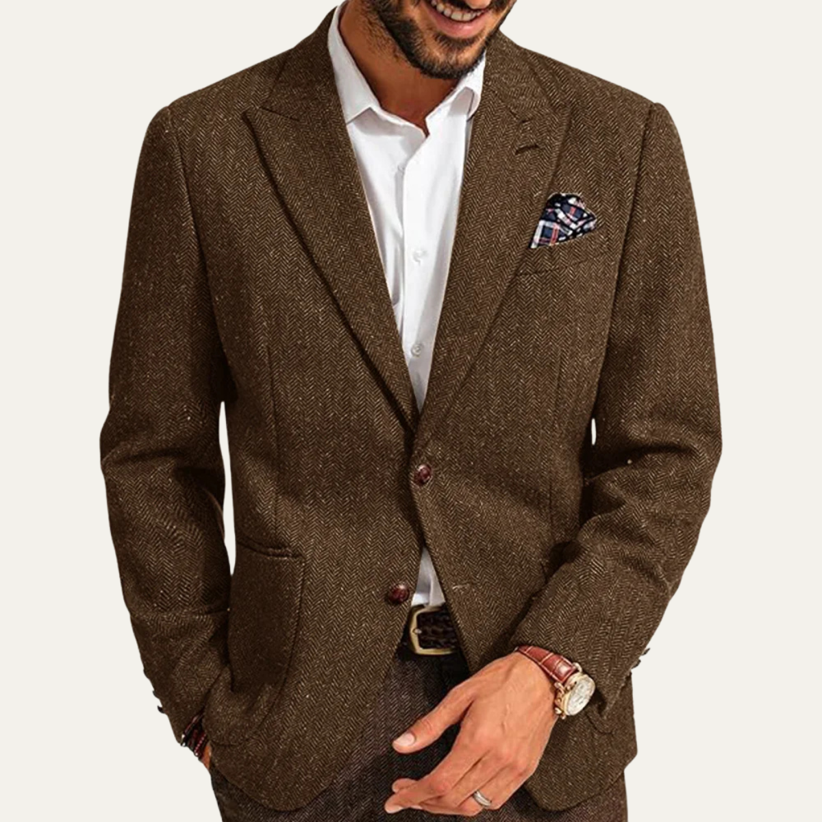 The Domaso - Herrars Affärs Herringbone Enknäppt Ull Tweed Blazer