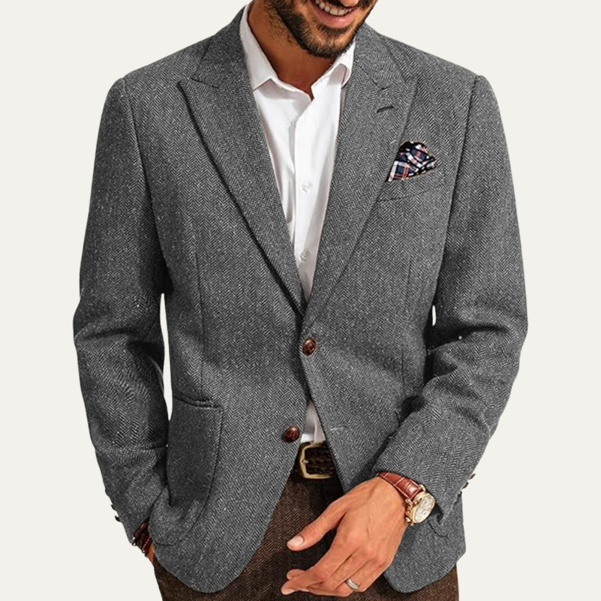 The Gravedona - Herrkontor Herringbone Enkelknäppt Ull Tweed Blazer Jacka