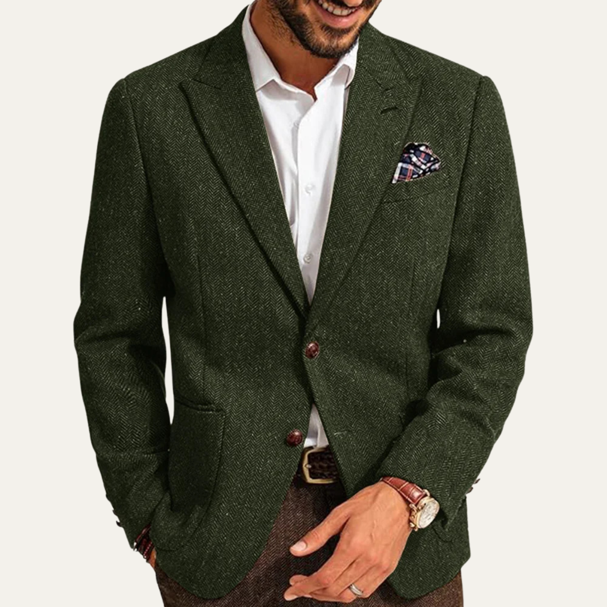 The Gravedona - Herrkontor Herringbone Enkelknäppt Ull Tweed Blazer Jacka