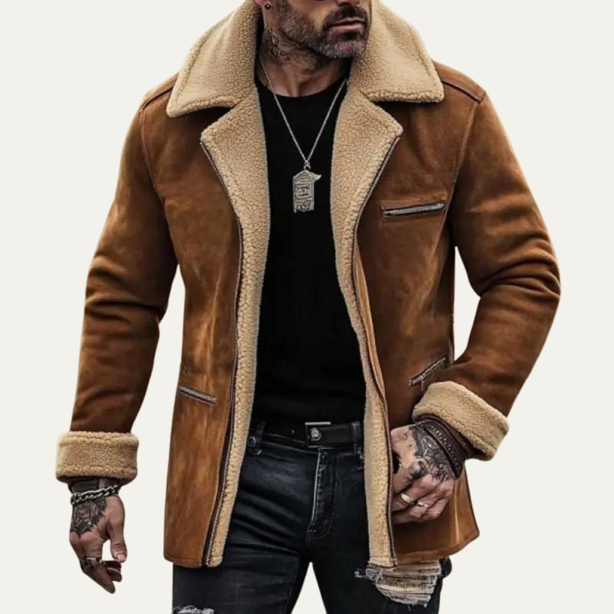 The Minori Herr - Vintage Mocka Shearling Jacka med Dragkedjefickor
