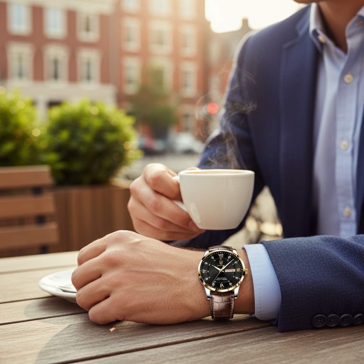 Lyxig Klassisk Paris Night Herrklocka med Premium Läderarmband