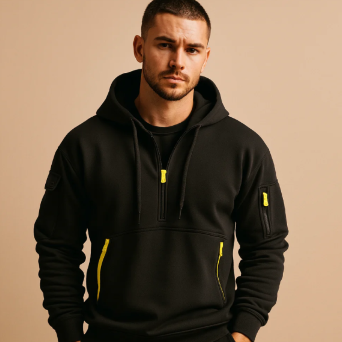 The Ridgefield - Herr Avslappnade Halv Zip Hoodie Tröja med Dragkedjefickor