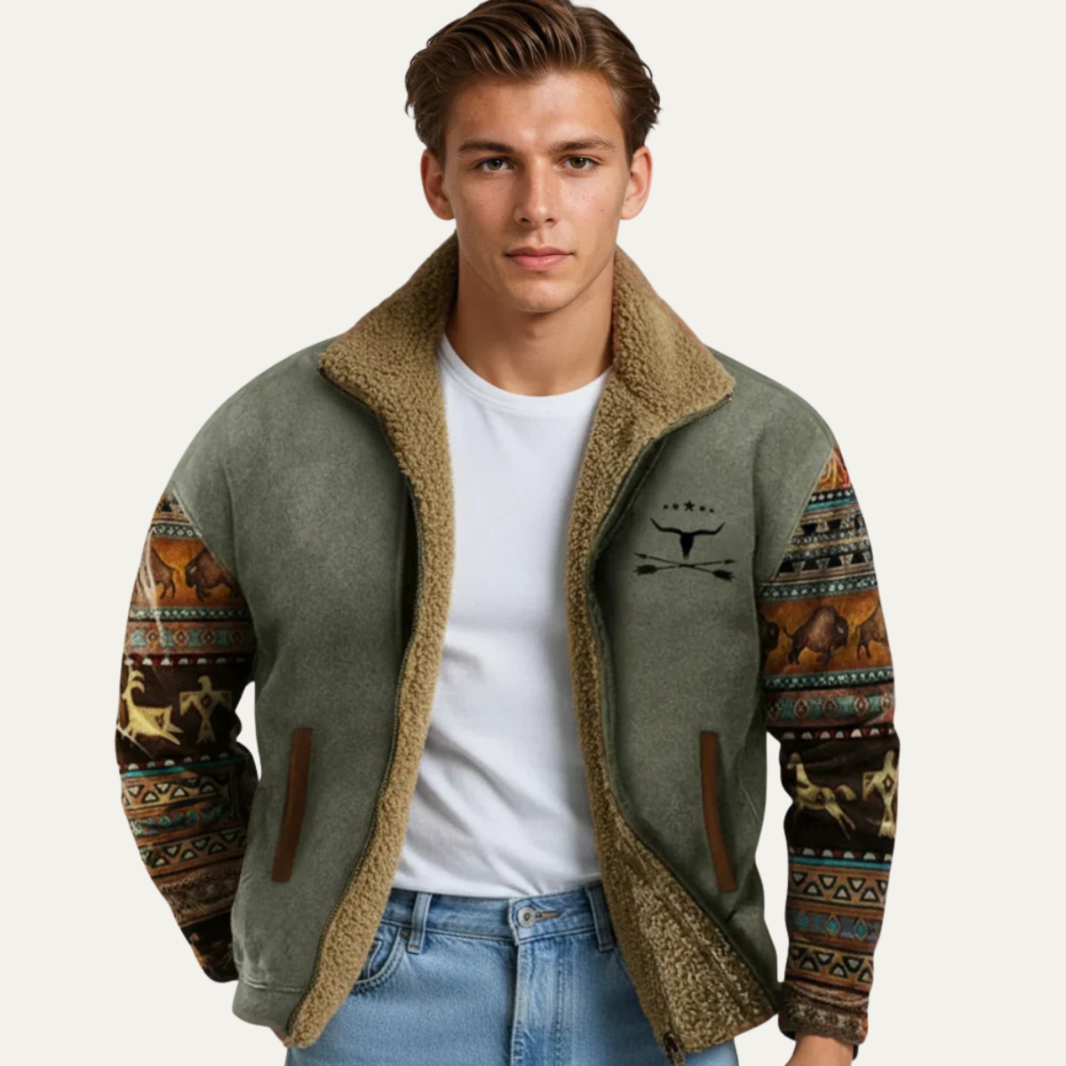 The Maddison - Herr Vintage Varm Sherpa Fodrad Vinterjacka med Mönstrade Ärmar