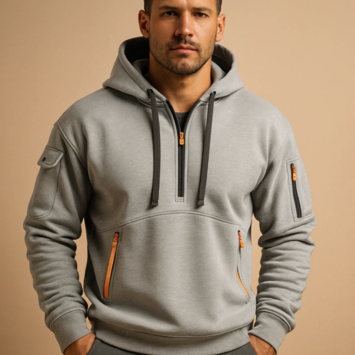 The Ridgefield - Herr Avslappnade Halv Zip Hoodie Tröja med Dragkedjefickor