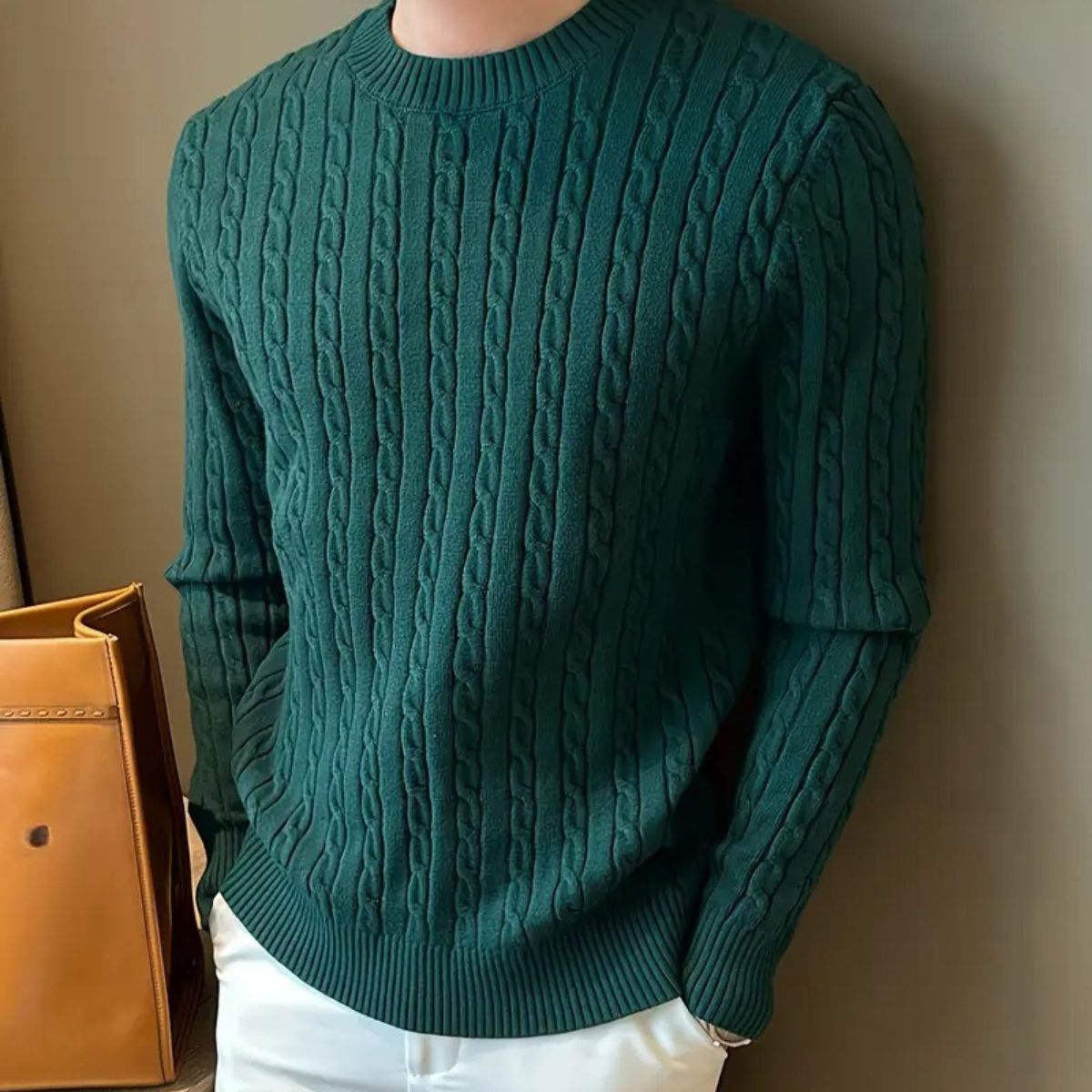 Herrpullover med rund hals i kaschmir och merino - Elegant grönt