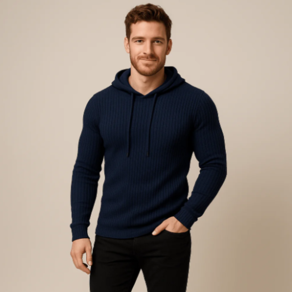 The Ashland - Herr Slim Fit Drawstring Ribbad Stickad Hoodie Tröja