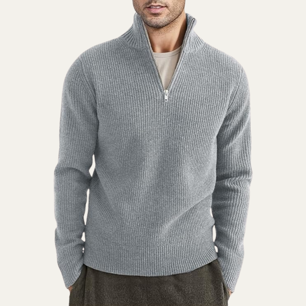Edinburgh Herrar Mysig Quarter Zip Ribbstickad Casual Tröja
