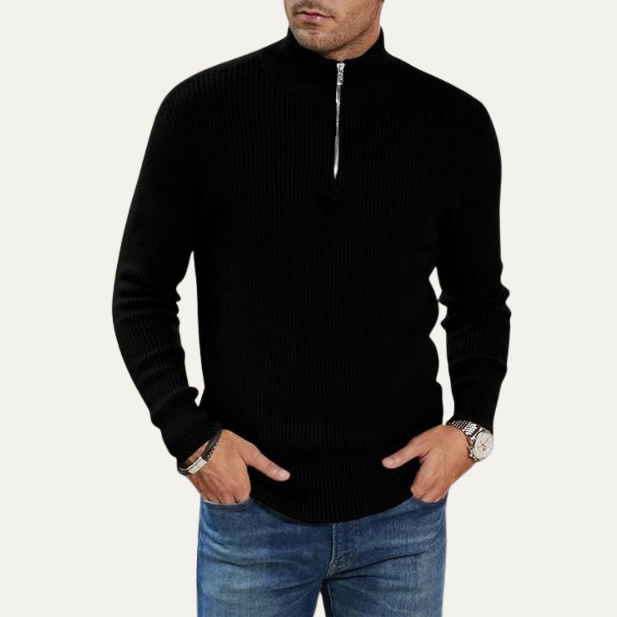 Edinburgh Herrar Mysig Quarter Zip Ribbstickad Casual Tröja
