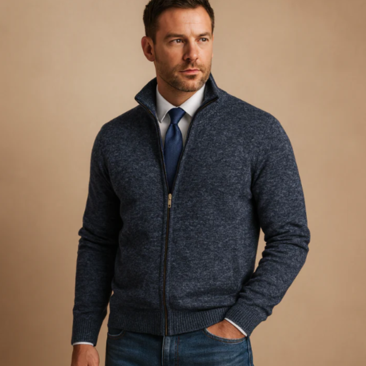 The Glenwood - Herr klassisk Stickad Zip Cardigan med Ståkrage