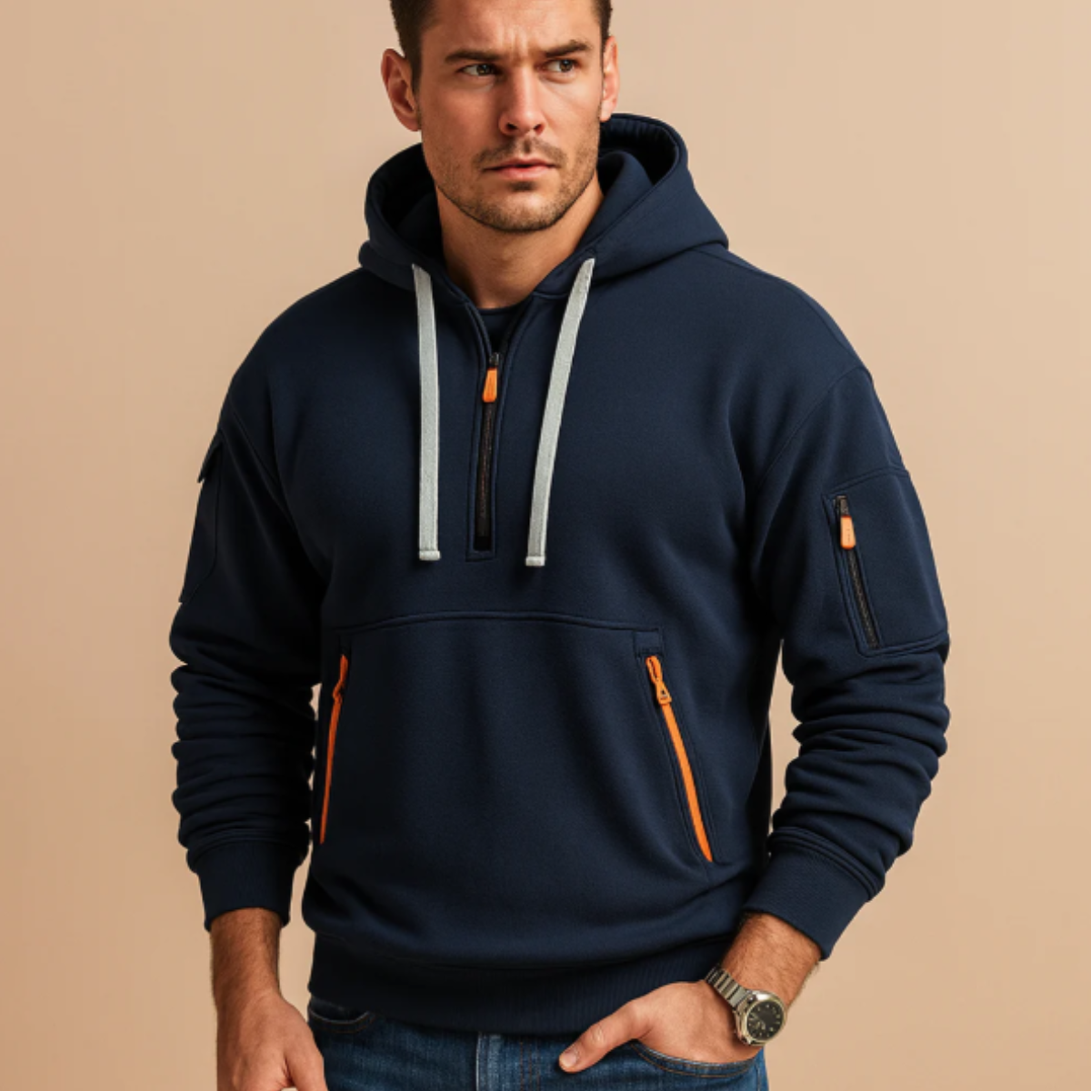 The Ridgefield - Herr Avslappnade Halv Zip Hoodie Tröja med Dragkedjefickor