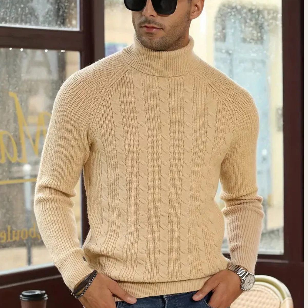 Pull Original Classic Richemont för män med rundkrage i åttastrickad stickad tröja - Beige