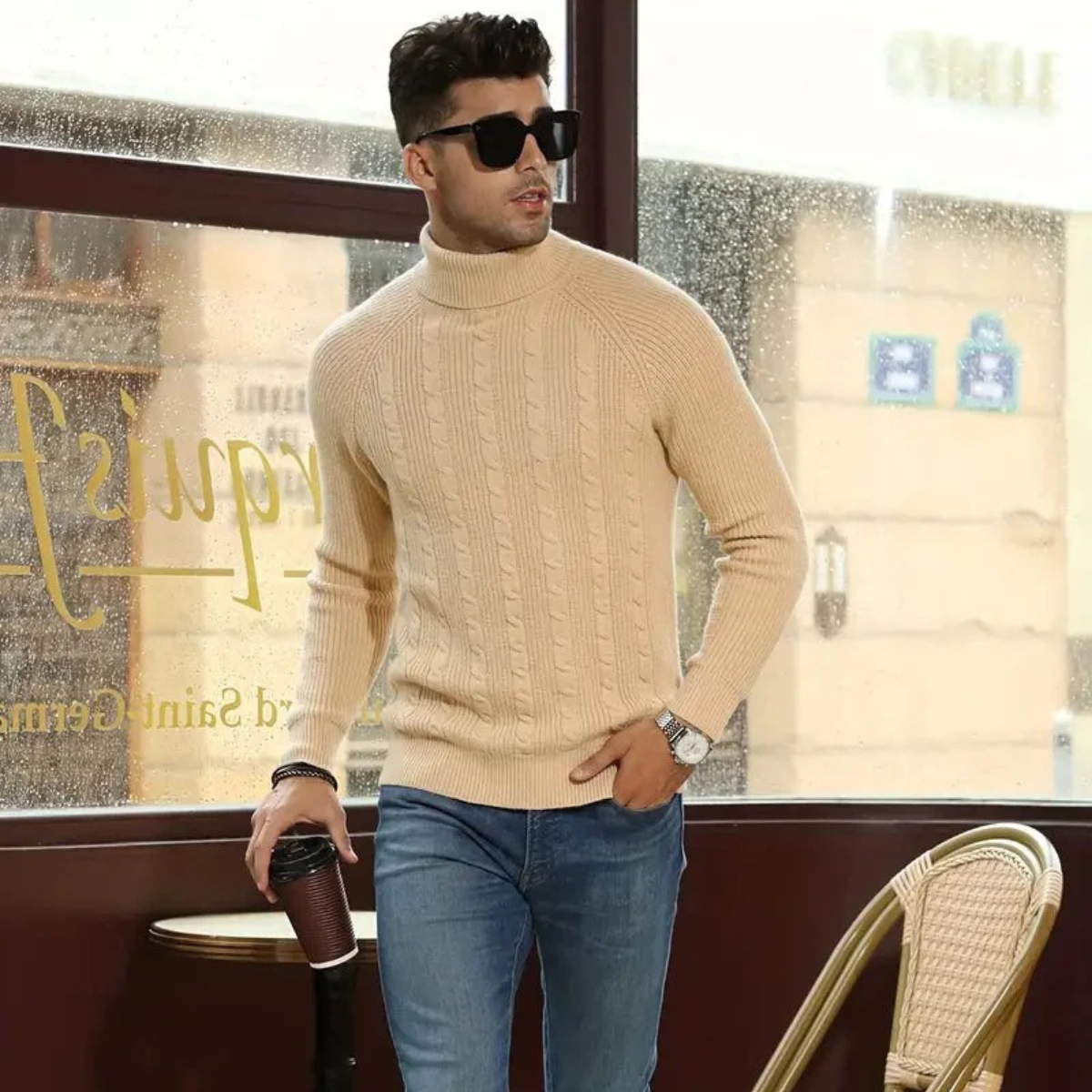 Pull Original Classic Richemont för män med rundkrage i åttastrickad stickad tröja - Beige