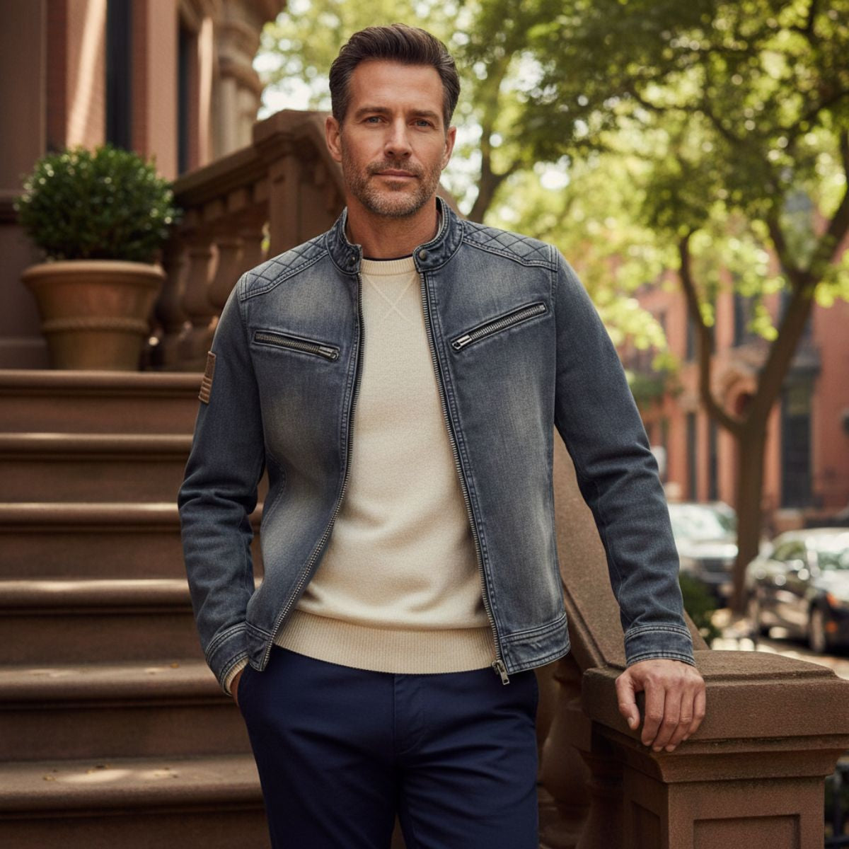 Slim fit denimjacka för herrar med i-hood krage
