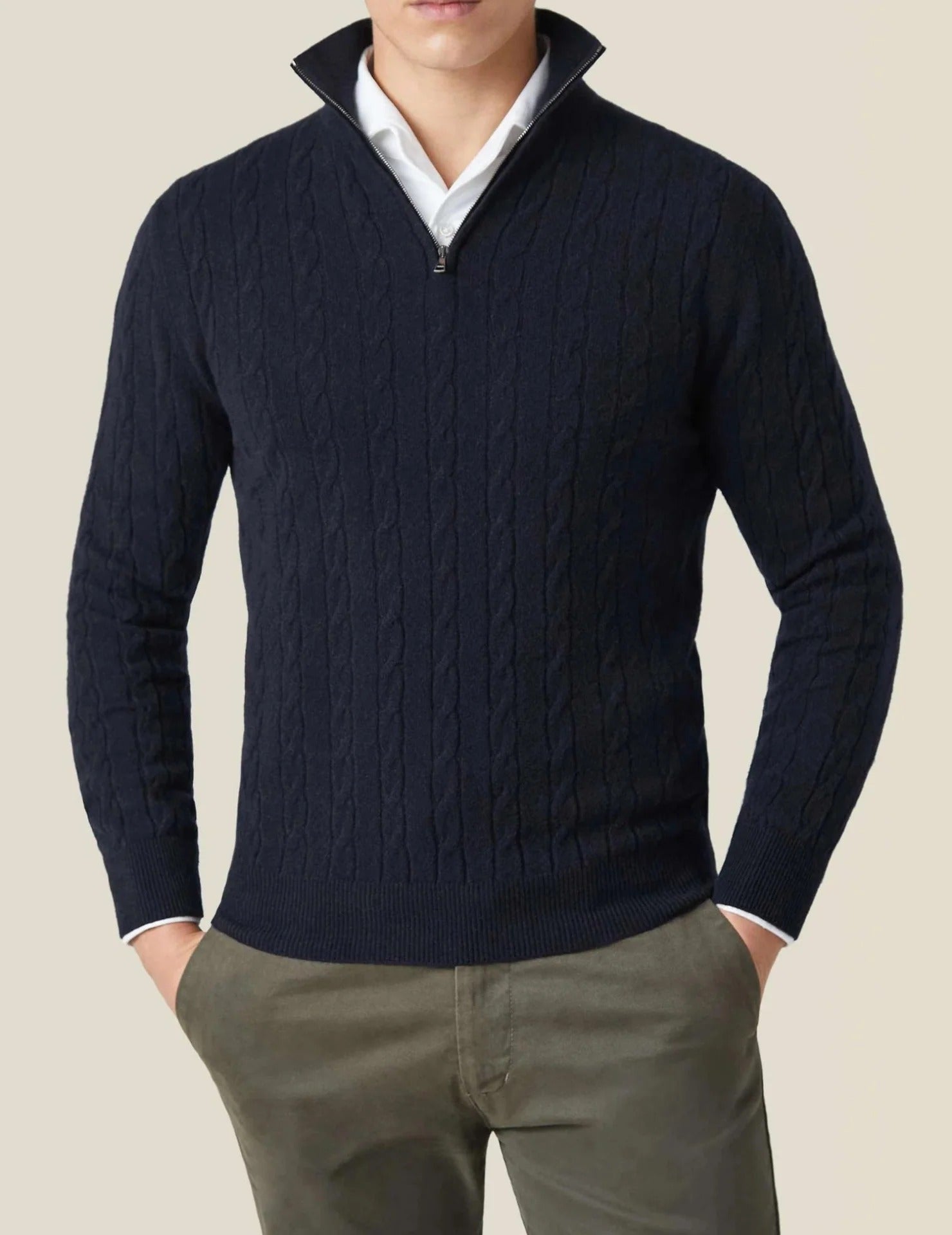 Pull-over i ribbstickad kvalitet med blixtlås St. Moritz för herrar - Elegant klassisk stil