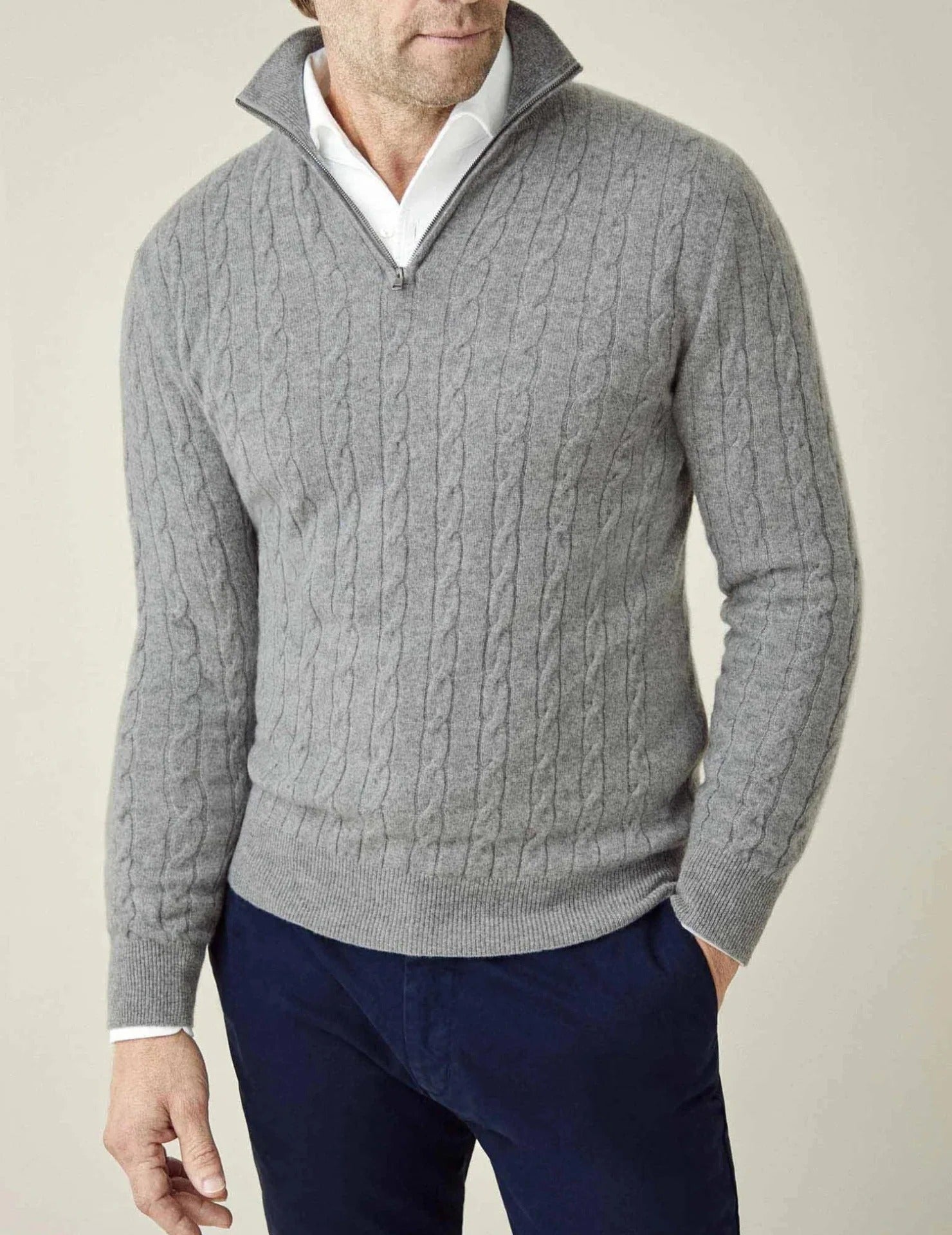 Pull-over i ribbstickad kvalitet med blixtlås St. Moritz för herrar - Elegant klassisk stil