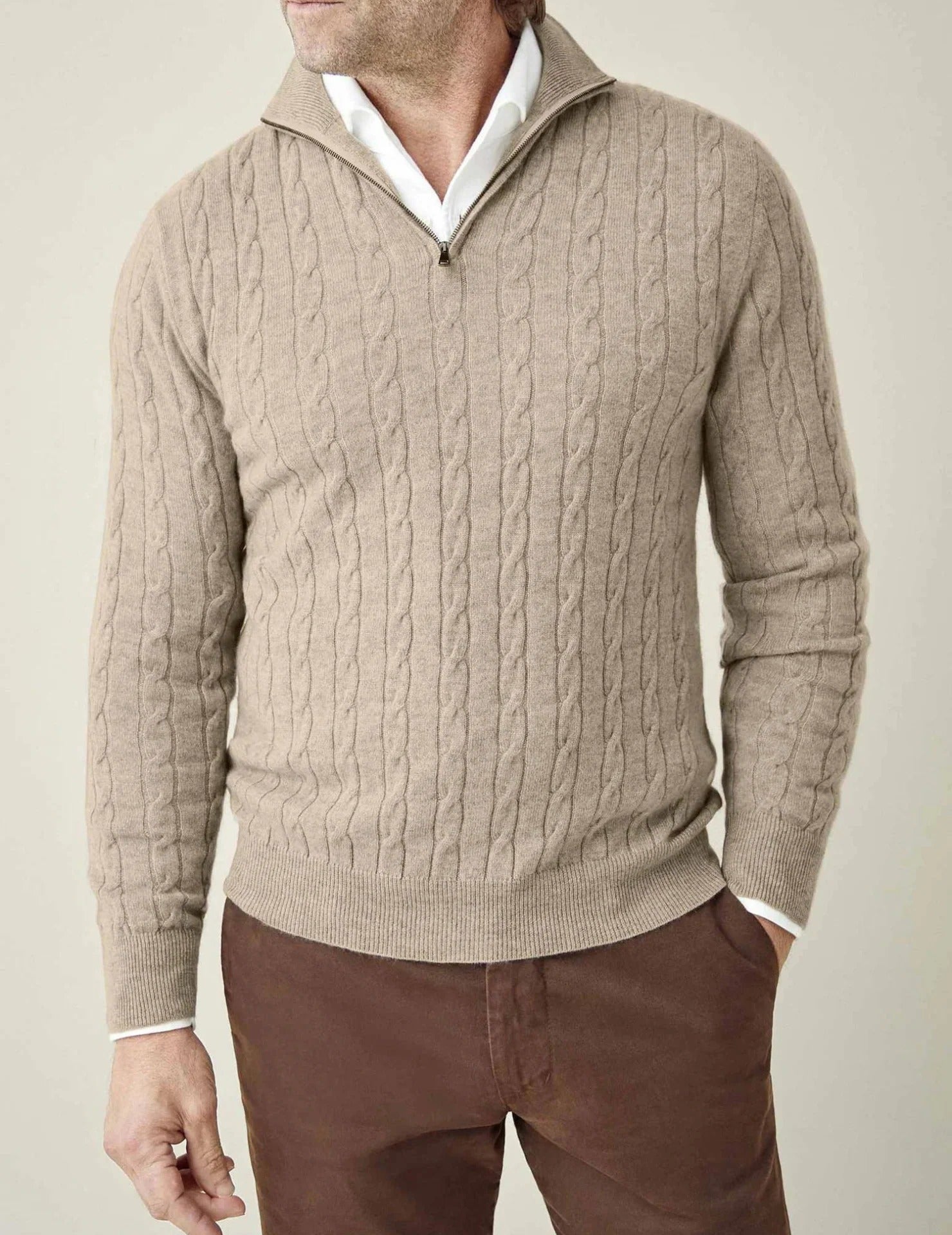 Pull-over i ribbstickad kvalitet med blixtlås St. Moritz för herrar - Elegant klassisk stil