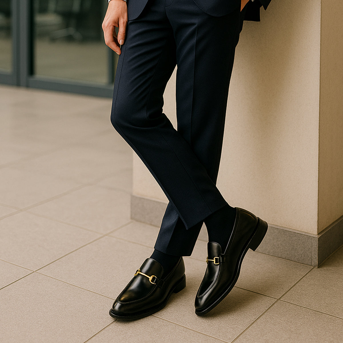 The Caernarfon – Svarta läderloafers med hästbit-detalj för herr