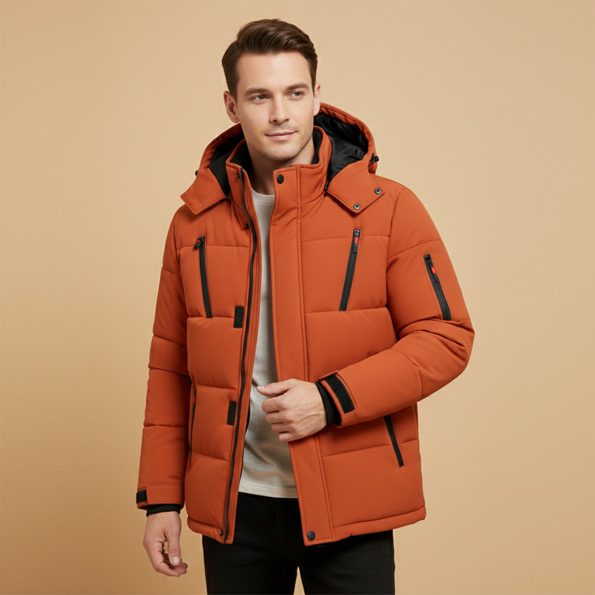 The Brookhaven - Herr Varm Hooded Vinter Pufferjacka med Dragkedjefickor