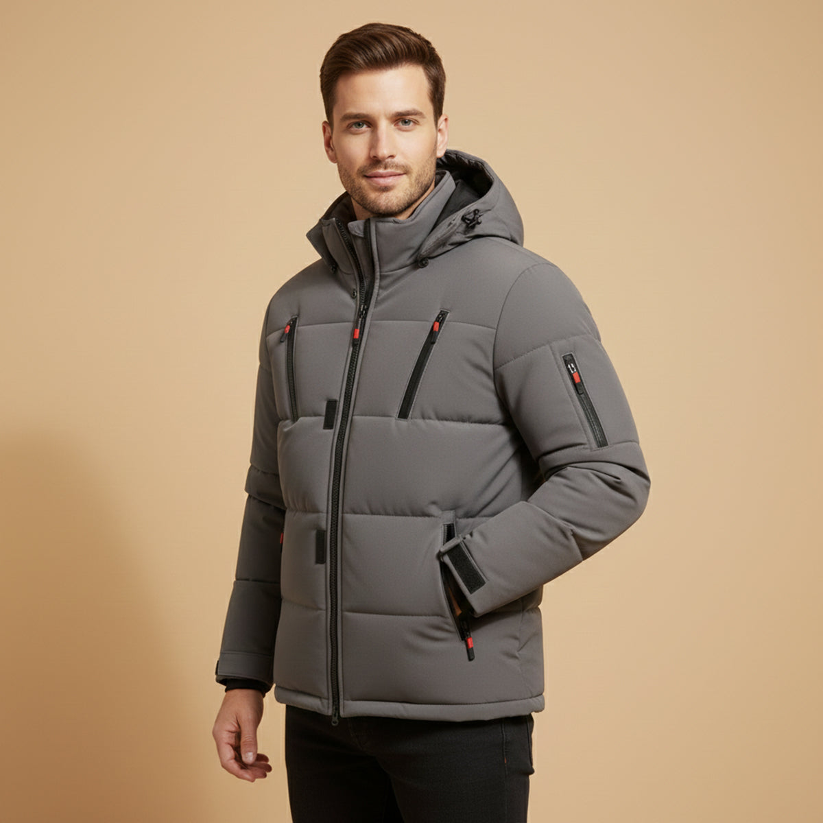 The Brookhaven - Herr Varm Hooded Vinter Pufferjacka med Dragkedjefickor