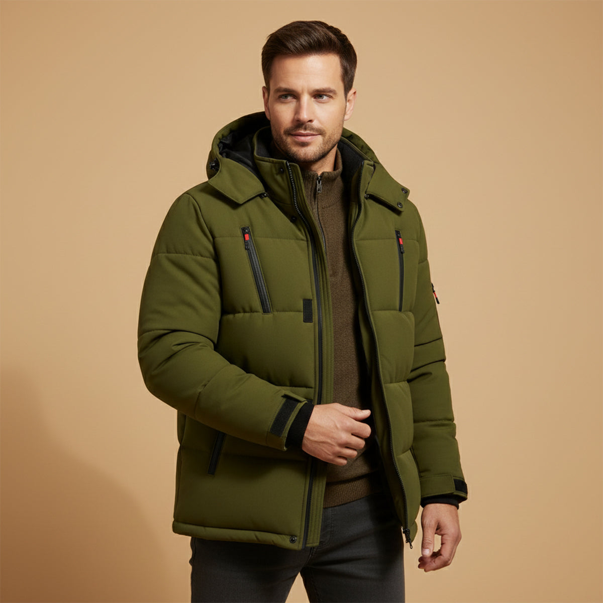 The Brookhaven - Herr Varm Hooded Vinter Pufferjacka med Dragkedjefickor