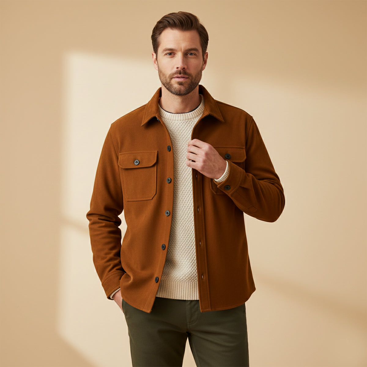 Hyatt Herren Kamelfärgad mocka Overshirt - Slim fit lyxig jacka med fickor